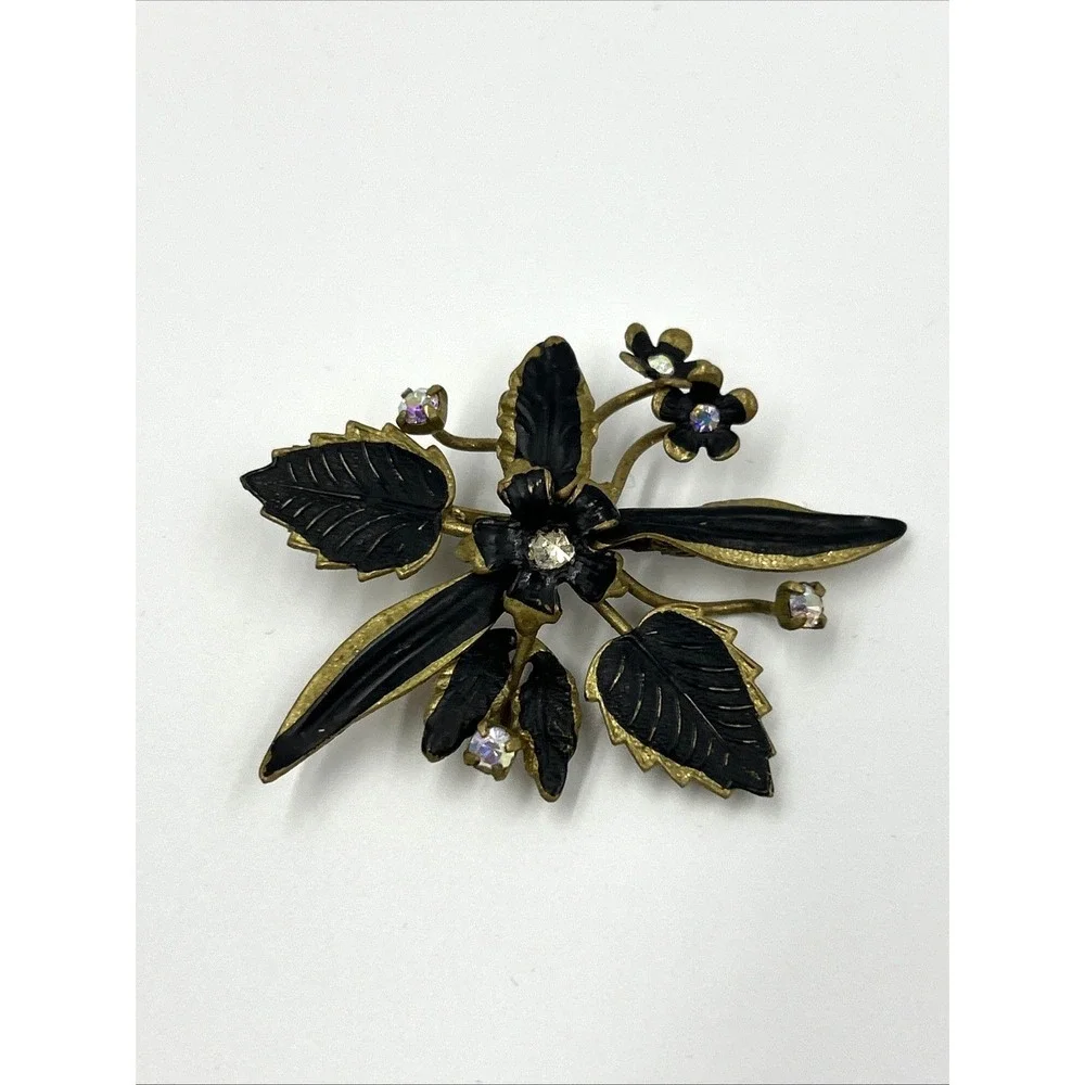 Vintage‎ Austrian AB Crystal Brooch Gold Tone Black Enamel Paint Flower Leaves